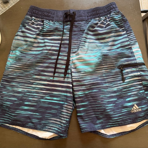 Adidas Swim Trunks Mens Large Blue Striped Drawstring Lined Bathing Suit Shorts - Picture 1 of 5